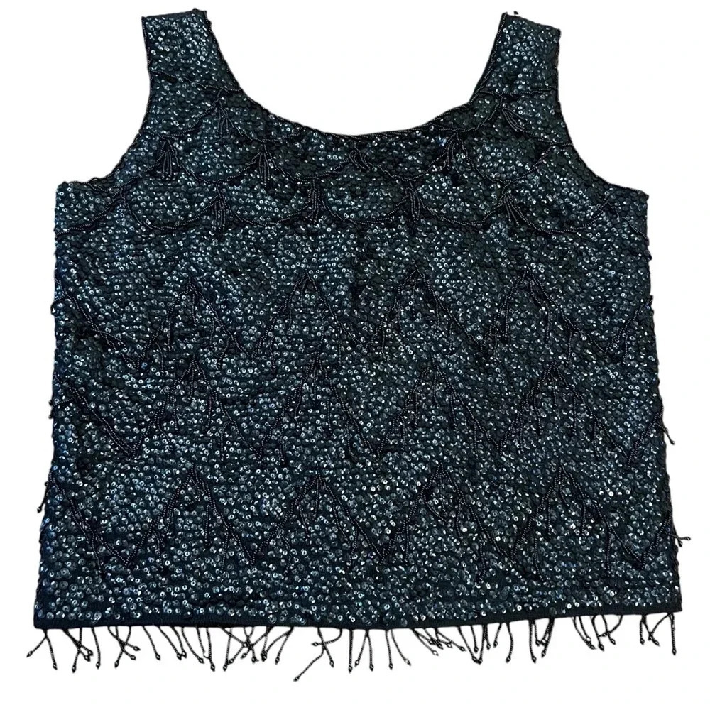 VTG Wool Sz‎ S Women Beaded Tank Top Sequin Shell  Black Fringe Trim Vintage 60s